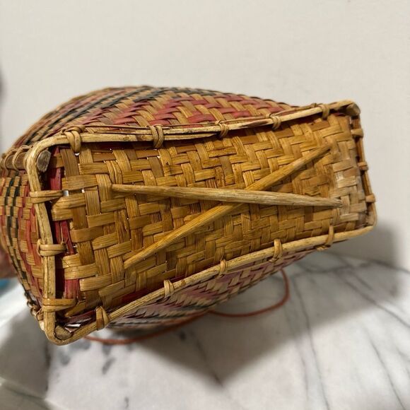 Antique Laotian gathering Woven Basket with Red and Black Pattern - Picture 7 of 16